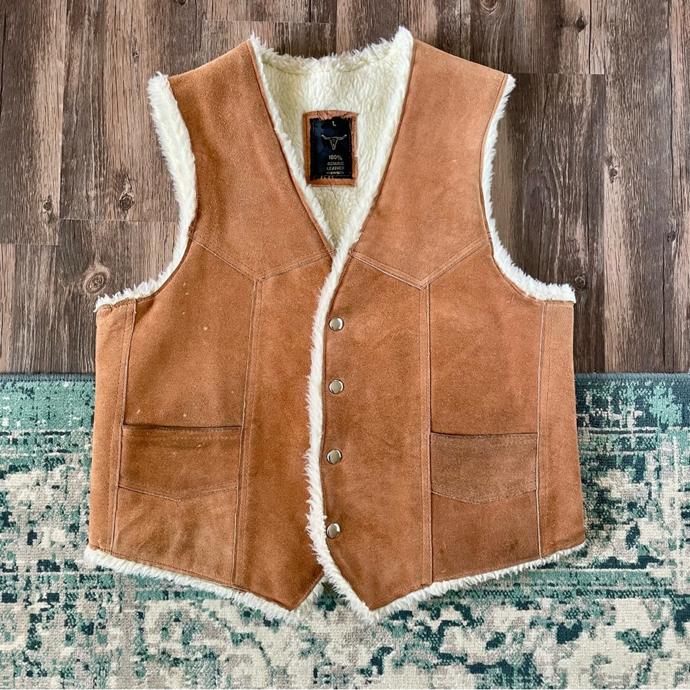 Vintage Caramel Brown Suede Leather Vest Cream Sherpa Lining Large Western